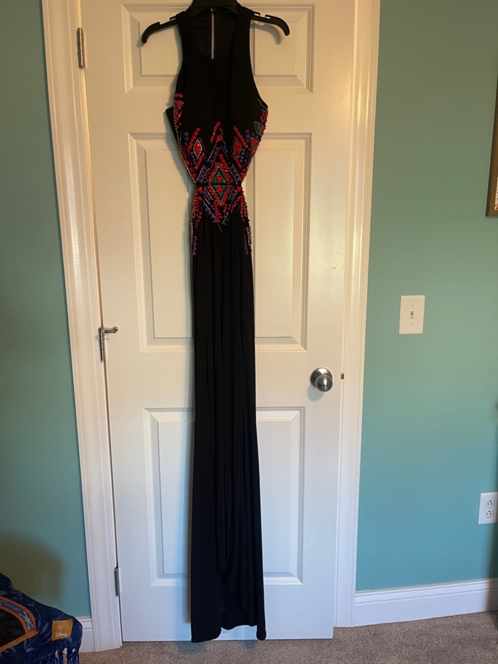 Camille La Vie Black Halter Maxi with Red and Purple Beaded Geometric Bodice